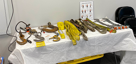 Various lifting and rigging devices used as in-class examples for Below the Hook Inspection Training.