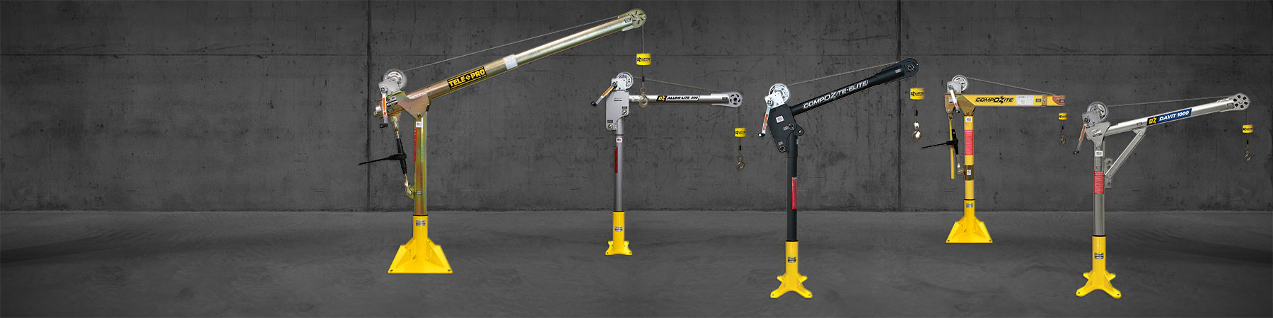 A selection of OZ Lifting Products portable davit cranes offered by Tri-State Overhead Crane.