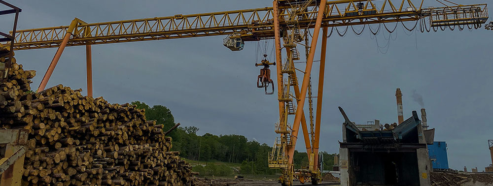 Portal crane with wire rope hoist and claw used to pick up logs at a paper mill.